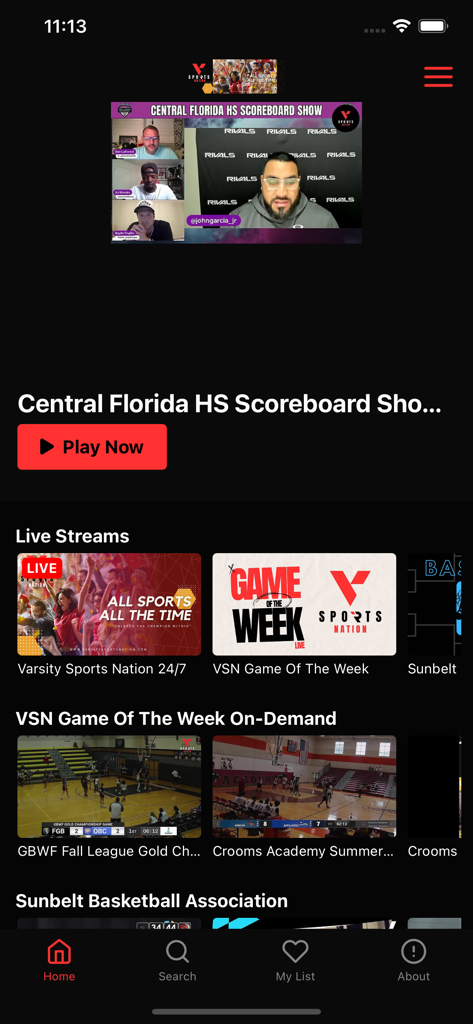 Varsity Sports Nation - Varsity Sports Nation app home screen showing high school sports live streams and scoreboards