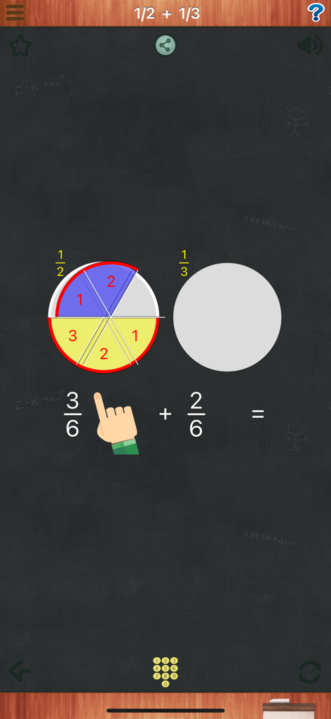 Math Animations (Grades 1-8) - Una animación matemática visual que muestra cómo sumar fracciones usando gráficos circulares para demostrar denominadores comunes