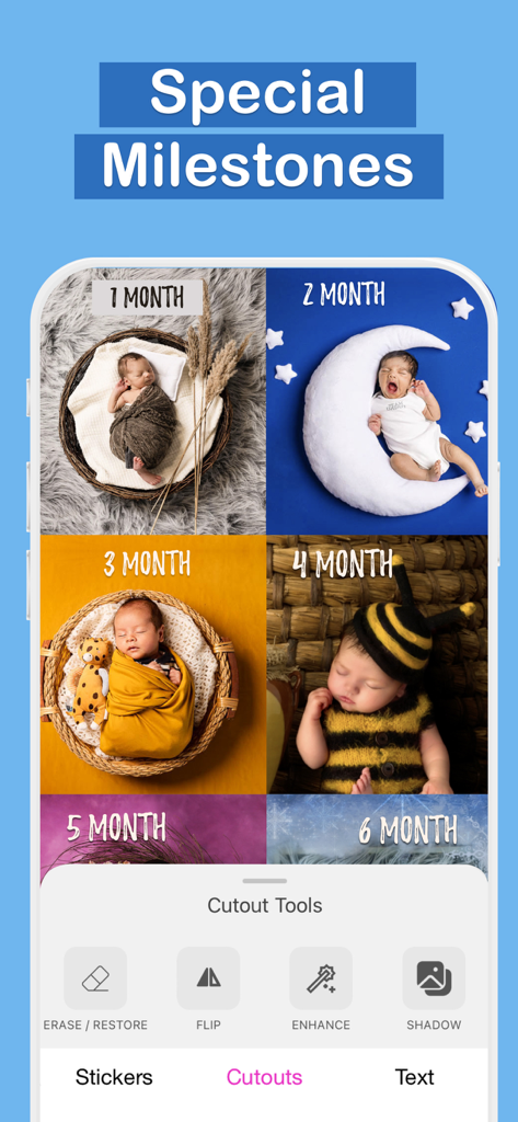 Tiny Peanut: Baby Photo Editor - A collage showing baby monthly milestone photos from 1 to 6 months with professional studio backdrops and editing tools