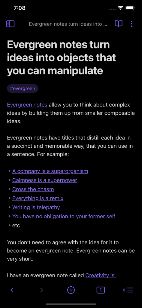 A screenshot of the Obsidian mobile app showing a note with bi-directional links and the evergreen tag in dark mode