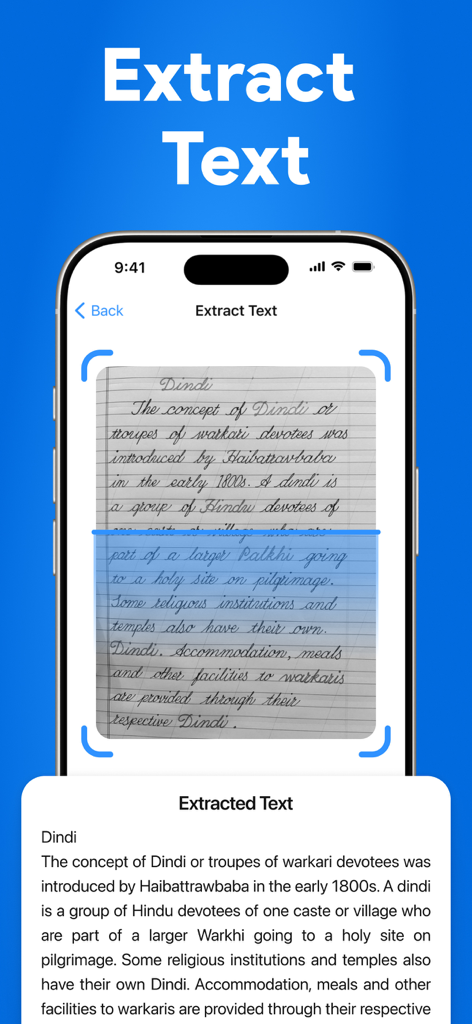 Image Converter: PNG,JPG, HEIC - A mobile app screen demonstrating text extraction from a handwritten document.