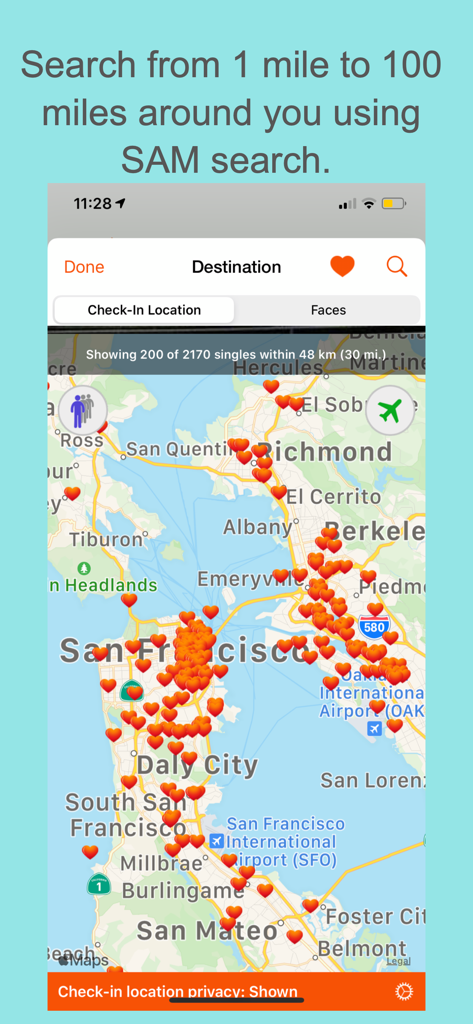 SinglesAroundMe app map view showing singles as heart icons in San Francisco