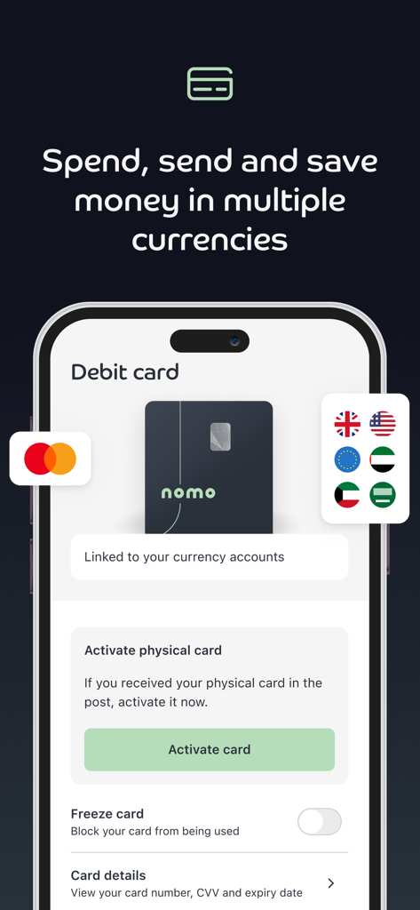 Nomo - Digital Sharia Banking - Nomo digital banking app interface showing a multi-currency debit card with support for USD GBP EUR and GCC currencies