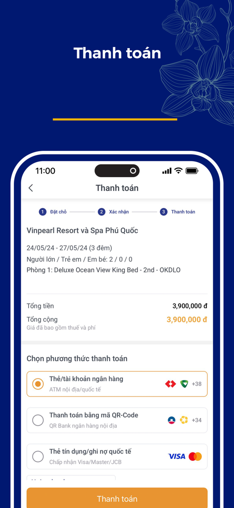 MyVinpearl app payment interface showing hotel booking details and payment options.