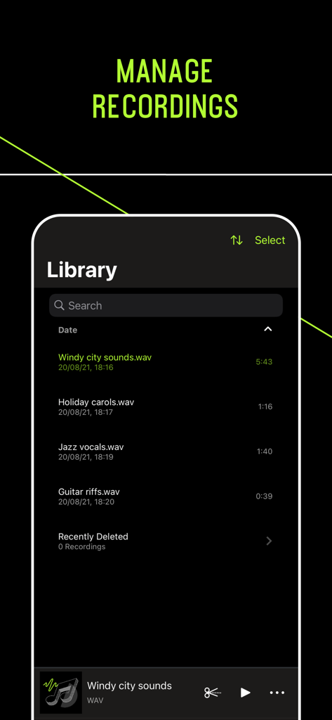 Shure MOTIV Audio app library screen showing a list of high-quality WAV recordings.