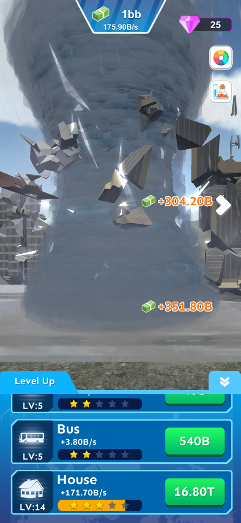 A large whirlwind destroying city buildings with a level up upgrade menu at the bottom