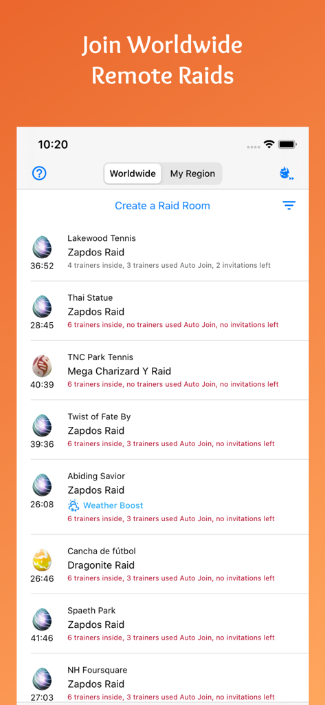 Interface of PokeRaid app displaying a list of available worldwide remote raid rooms for Pokemon GO