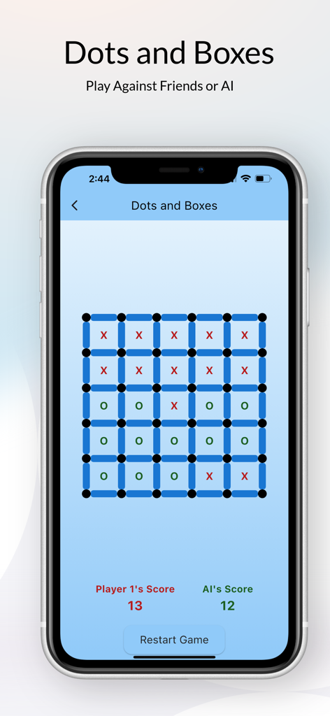Dots and Boxes - Friends or AI - Una pantalla de teléfono móvil que muestra un juego estratégico de puntos y cajas entre un jugador y la IA en un fondo de cuadrícula azul.