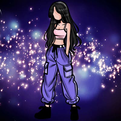 girl in baggy pants crop top and long hair