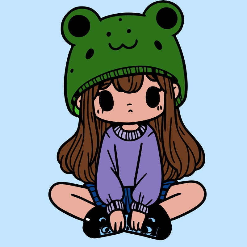 a girl wearing a frog hat and some frog socks