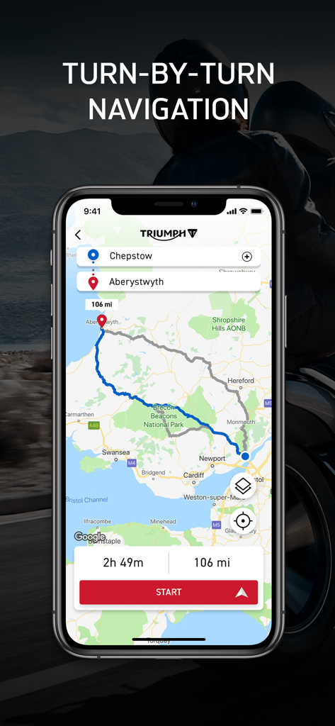 My Triumph - The My Triumph app interface showing a turn-by-turn navigation route for motorcycles.
