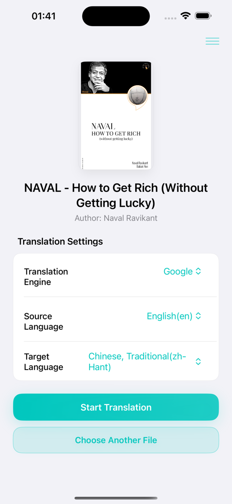 EPUB Translator - The translation settings interface of EPUB Translator showing an ebook titled Naval How to Get Rich with language selection options.