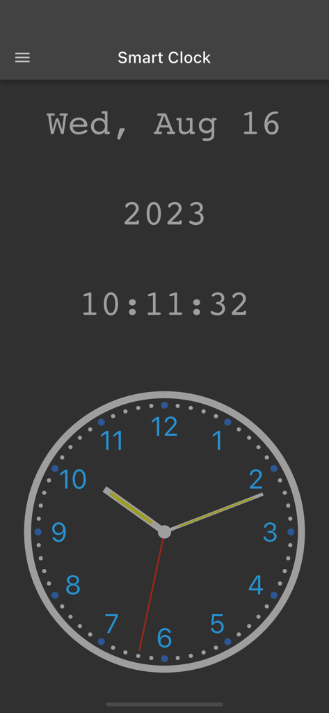 スマートデジタル＆アナログ時計アプリのインターフェイス。暗い背景に現在の日付と時刻が表示されています。