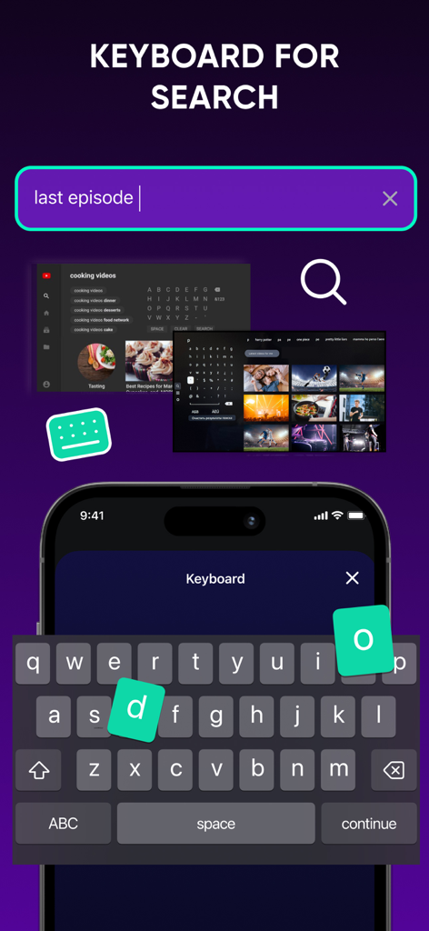 Smart TV Remote Control Plus - iPhone keyboard interface for searching movies and TV shows on the Smart TV Remote Control Plus app.