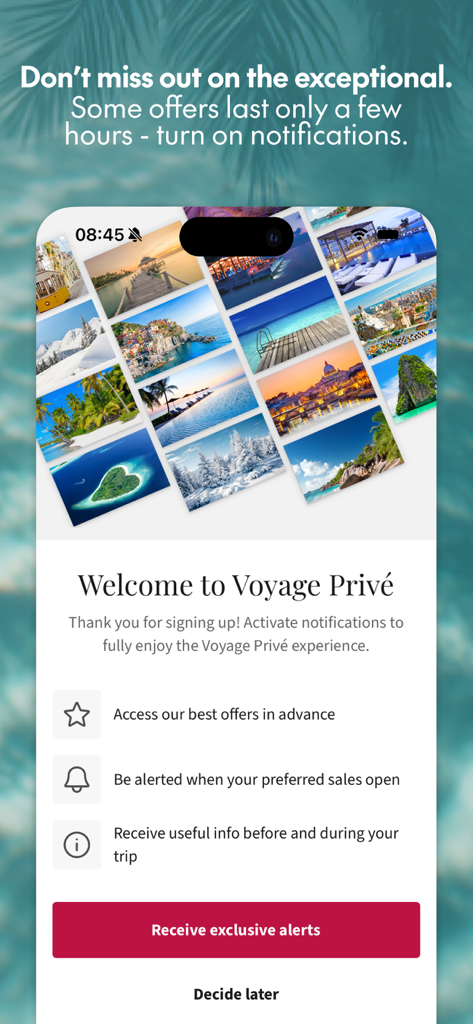 L'écran d'accueil de l'application Voyage Privé présente un collage de photos de voyages de luxe et invite à activer les alertes vacances exclusives.