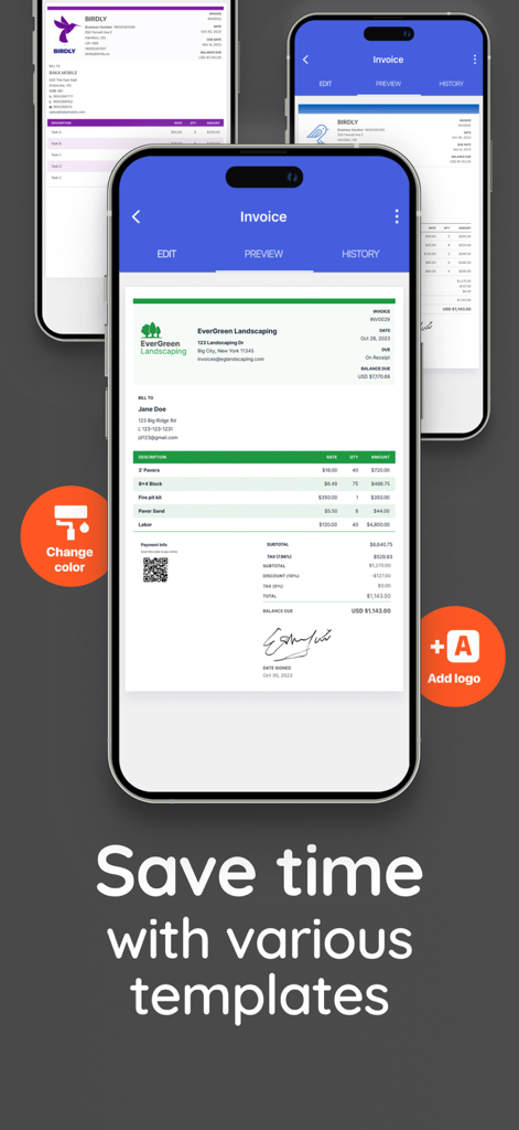 Invoice Simple app interface showing customizable professional invoice templates with logo and color options