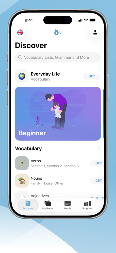 LENGOアプリのディスカバー画面。初心者向けの英単語リストを表示。