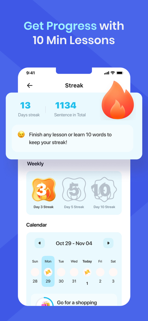 Hablo: Speak & Learn English - Hablo mobile app screenshot showing a thirteen day learning streak and weekly progress calendar