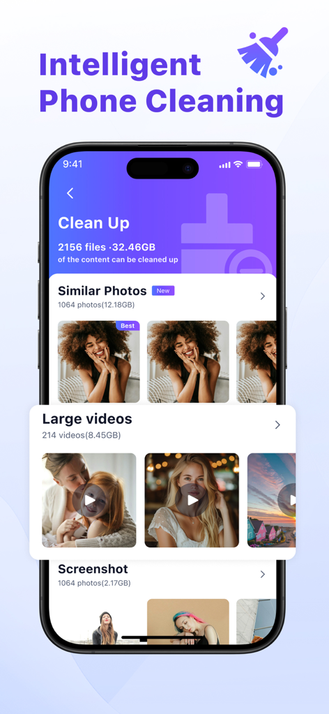 Photo Clean up:phone cleaner - Interface de l'application Nettoyage Photo montrant les catégories de photos similaires et de grosses vidéos pour l'optimisation du stockage iPhone