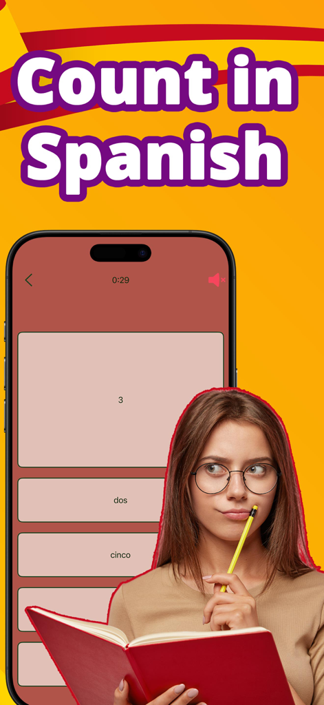 Numbers in Spanish language - A smartphone showing a Spanish number quiz next to a thoughtful student with a notebook