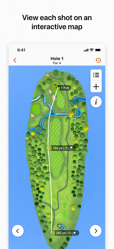 A mobile screenshot of the Garmin Golf app displaying an interactive map of a golf hole with shot tracking data and club distances.