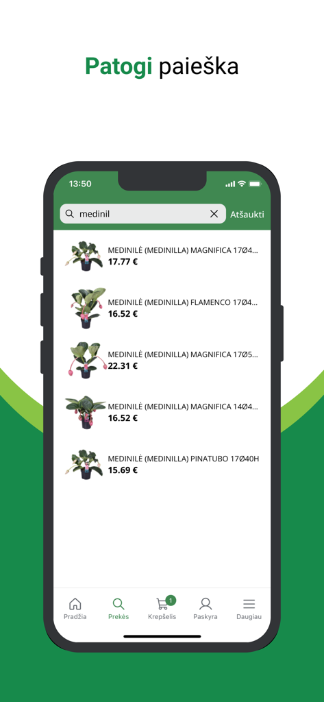 Mobile app interface of Zalia Stotele showing a search results screen for indoor plants with prices and photos.
