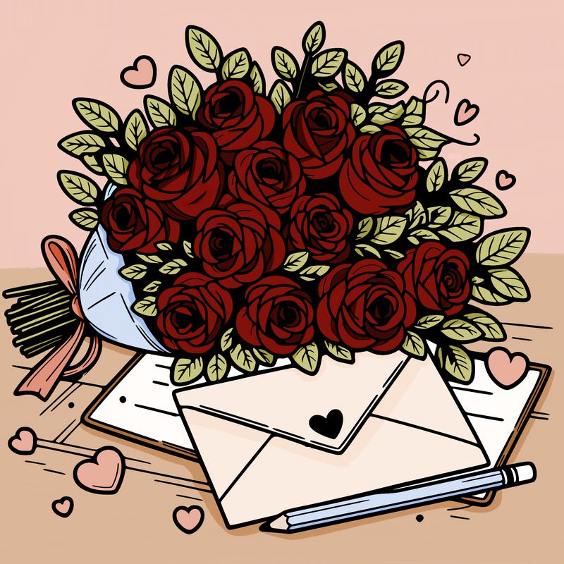 a bouquet of roses and letter card for valentine day