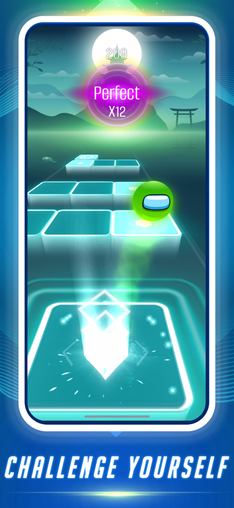 Dance Tiles: Music Ball Games - A green character ball jumping on glowing tiles in a rhythm music game with a Japanese themed background