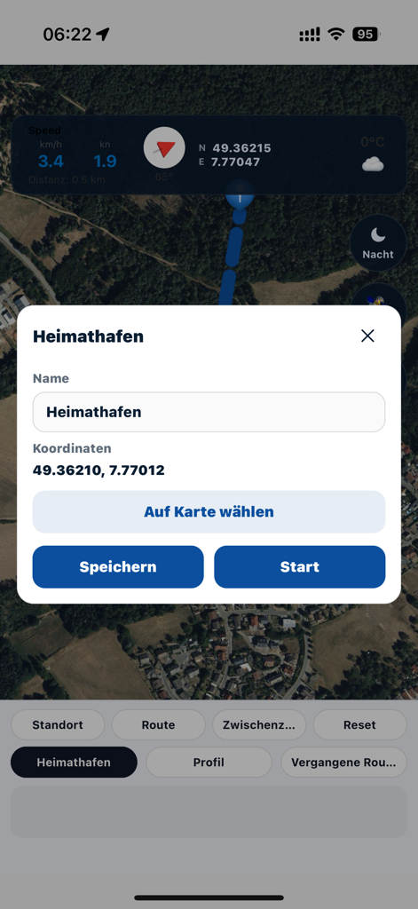 Interfaz de la aplicación Davanci Boat Navi para guardar las coordenadas del puerto de origen