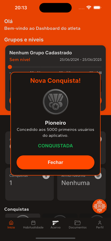 MyShooting - A pop-up window in the MyShooting app showing a Pioneer achievement badge awarded to the first 5000 users