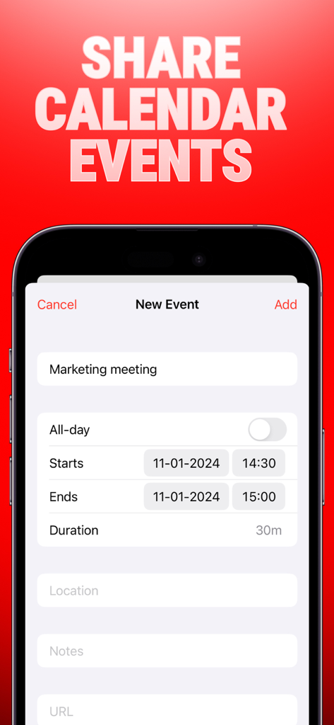 Import ics files : ICSKit - Oberfläche der ICSKit-App, die die Einrichtung eines neuen Ereignisses für eine Marketingbesprechung zeigt.