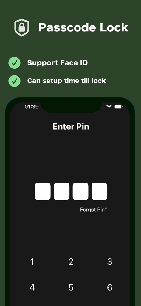HD Video Saver - ClipCatch - Passcode lock screen of ClipCatch app showing PIN entry and Face ID support