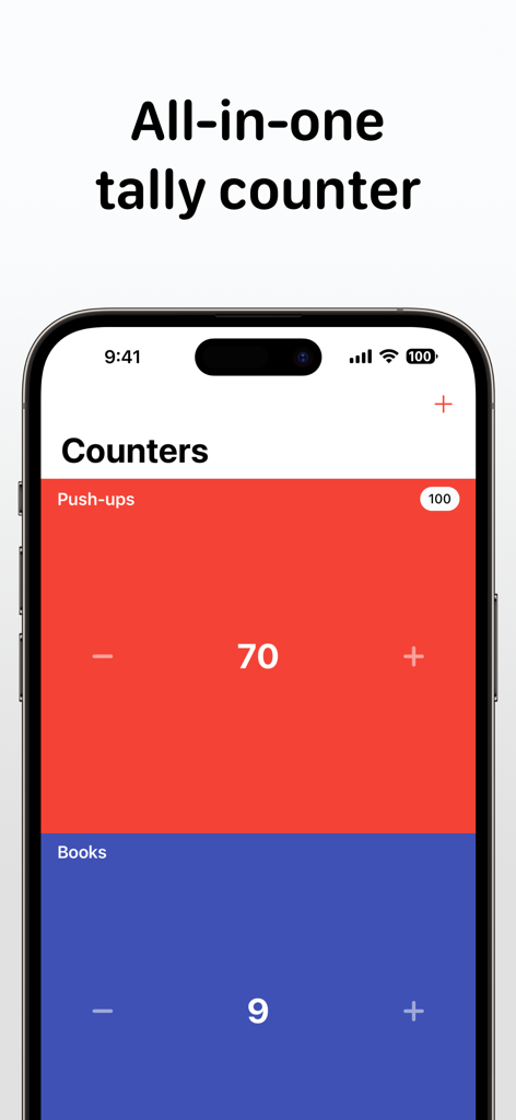 Tally app interface on iPhone showing color coded counters for push-ups and books