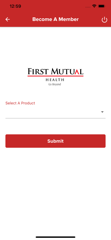 Pantalla de registro de membresía para la aplicación First Mutual Holdings con un menú de selección de productos y un botón de envío.