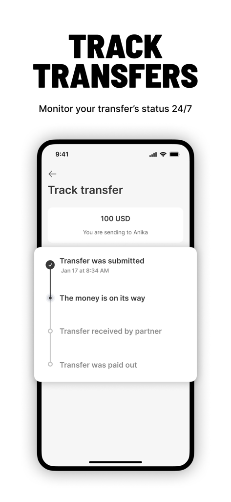 Ria Money Transfer - Interfaz de la aplicación Ria Money Transfer que muestra la función de seguimiento de transferencias en tiempo real con una línea de tiempo de progreso