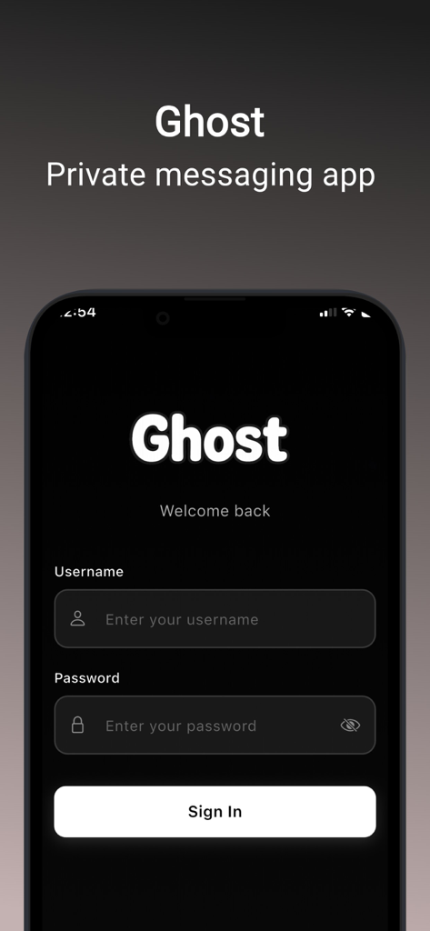 Ghost – Private Messenger - Sign in screen for Ghost Private Messenger app showing username and password fields