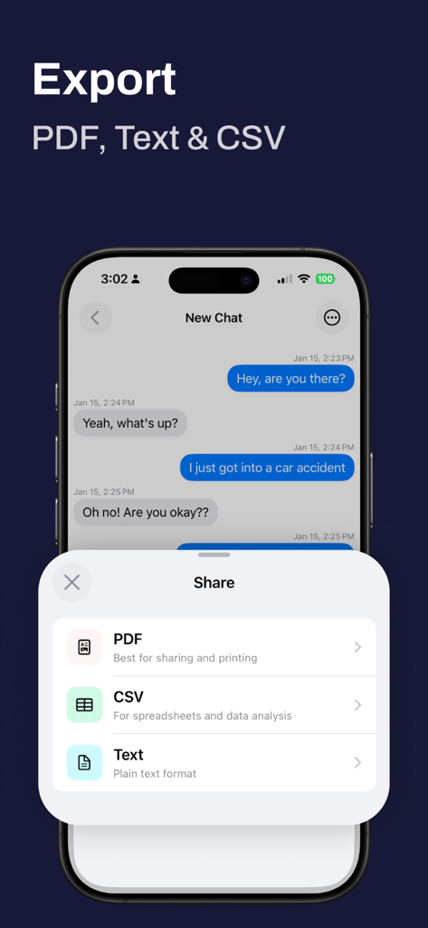 MsgKeepモバイルアプリのインターフェース。iPhoneでチャットメッセージをPDF、CSV、テキスト形式にエクスポートするオプションを表示。