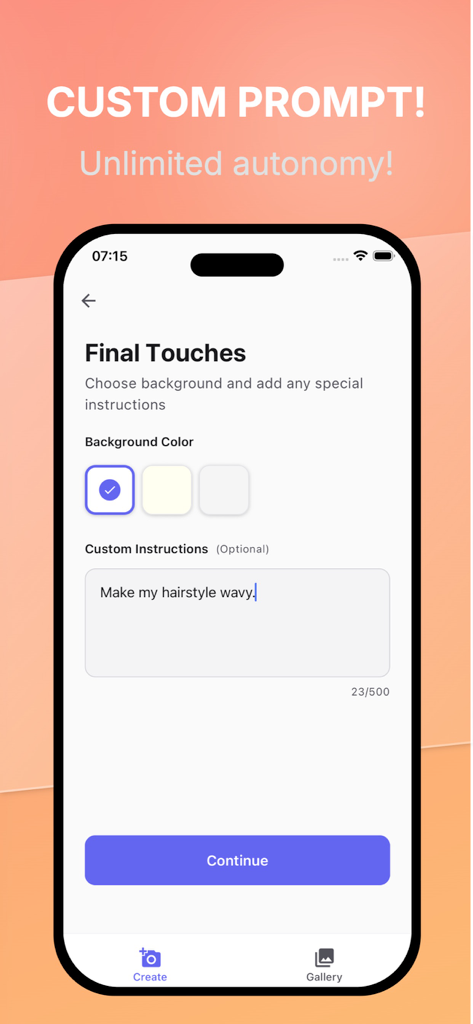 AI ID Image Generator - A mobile app screen for an AI ID photo generator allowing users to choose background colors and enter custom text instructions for AI editing.