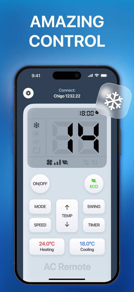 Digital interface of the Universal AC Remote Control app on a smartphone showing temperature and mode settings
