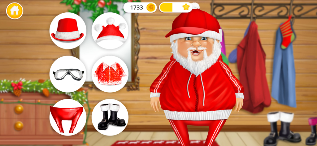 Sweet Olivia - Christmas 2 - Santa Claus dress up game screen with various clothing options including hats goggles and boots