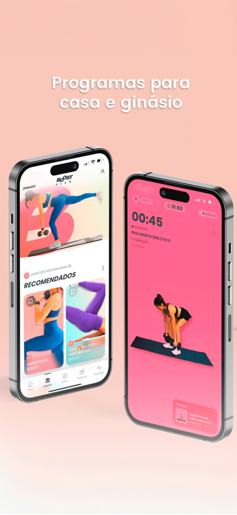 Boost Plan by Raquel Antunes - Boost Plan app by Raquel Antunes showing personalized workout programs for home and gym on two iPhone screens