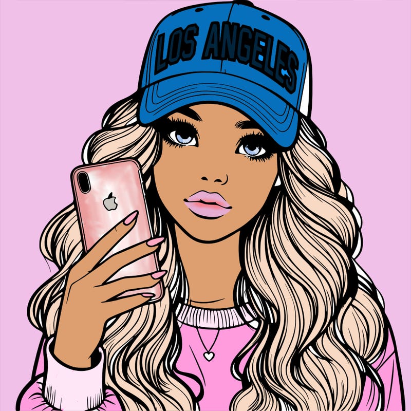 realistic beautiful girl wearing los ángeles cap holding an iphone