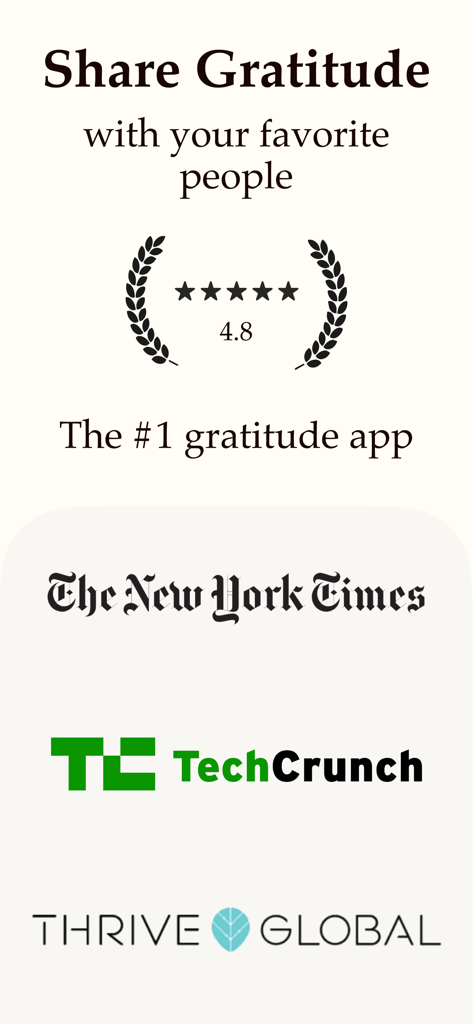 A promotional screen for Gratitude Plus app featuring a 4.8 star rating and logos for The New York Times TechCrunch and Thrive Global