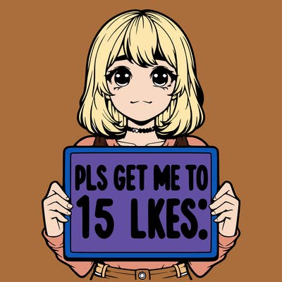 realistic girl holding up a sign that says “pls get me to 15 likes!”
