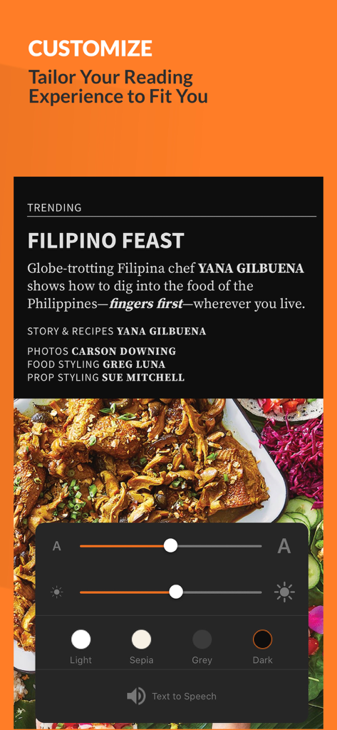 Allrecipes Magazine - Reading customization interface in Allrecipes Magazine app showing font size, brightness, and color theme options over a Filipino food article.