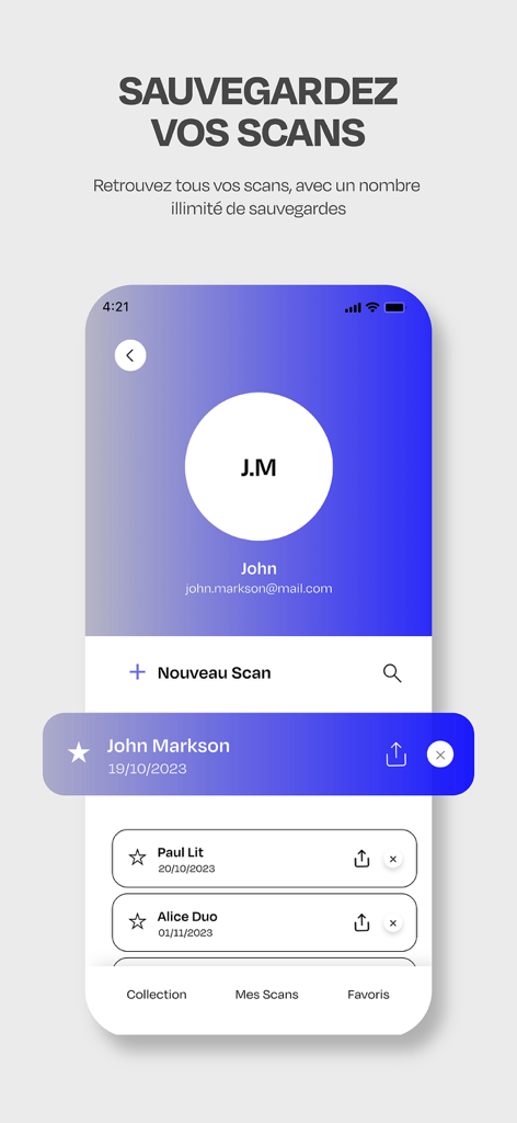 VISAGES - Interface of the VISAGES app showing a history of saved facial scans for custom eyewear fitting