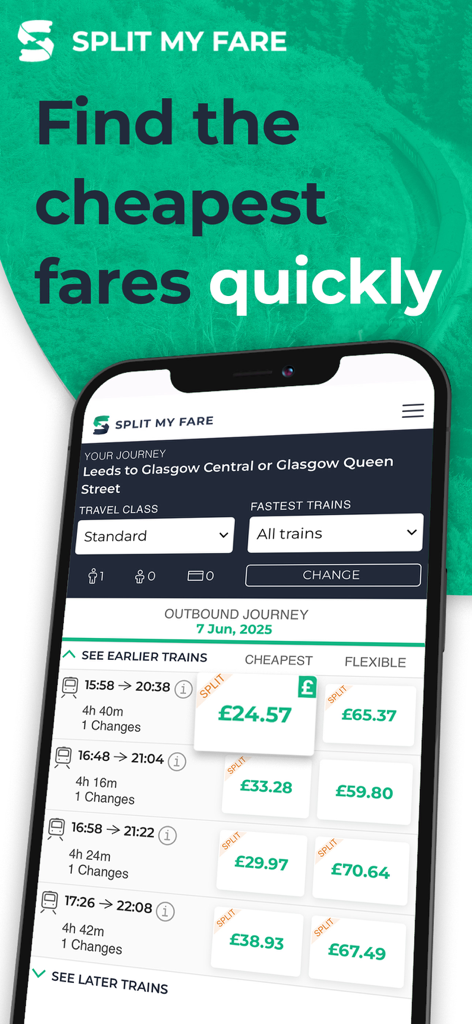 Split My Fare - Train Tickets - Split My Fare app interface showing discounted train ticket prices