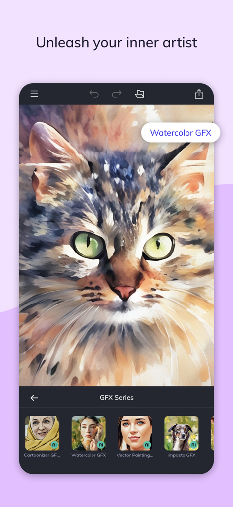 Interfaz de la aplicación BeFunky mostrando una foto de un gato transformada en una acuarela con efectos artísticos IA