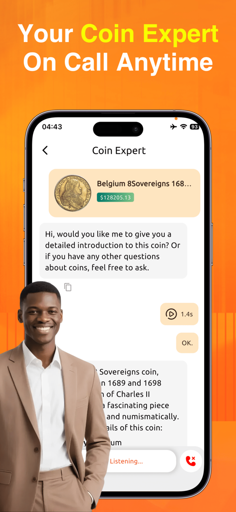 ChatCoin: Coin Identifier - Una interfaz de aplicación móvil que muestra el chat del Experto en Monedas con IA identificando una rara moneda belga con su valoración de mercado