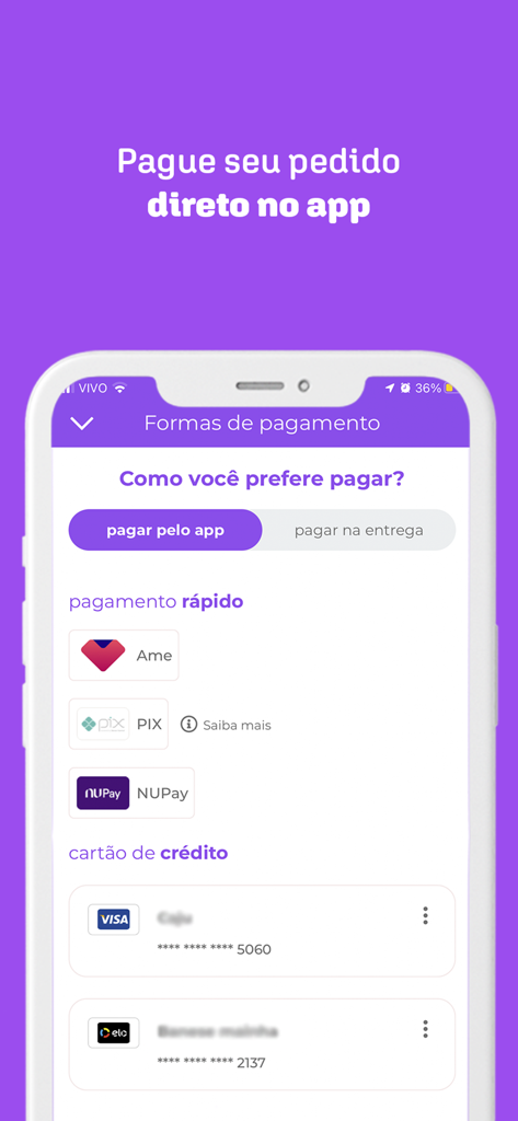 Quero Delivery - Quero Delivery app screen showing payment options including PIX NUPay and credit cards